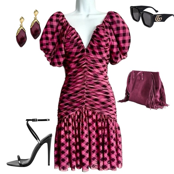 Miss Selfridge Pink Checkered Mesh Fit And Flare Dress 6 - Picture 2 of 16